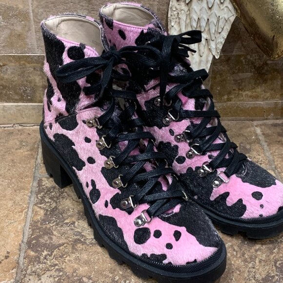 Calf Hair Leopard pink and Black Combat Boots - Picture 2 of 5